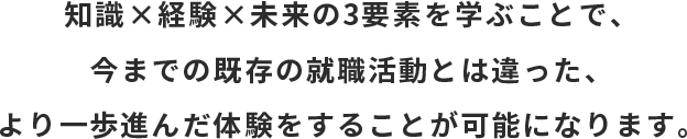 知識、経験、未来の３要素を学ぶことで、今までの既存の就職活動とは違った、
	 より一歩進んだ体験をすることが可能になります。