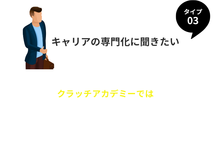 タイプ３、キャリアの専門化に聞きたい。
 クラッチアカデミーでは、元大手人材企業の人事達による徹底した メンターサポート！