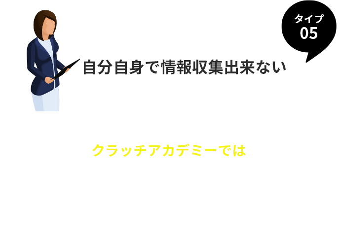 タイプ５、自分自身で情報収集出来ない。
 業界理解、面接対策等もプログラム内に あるので心配なし！